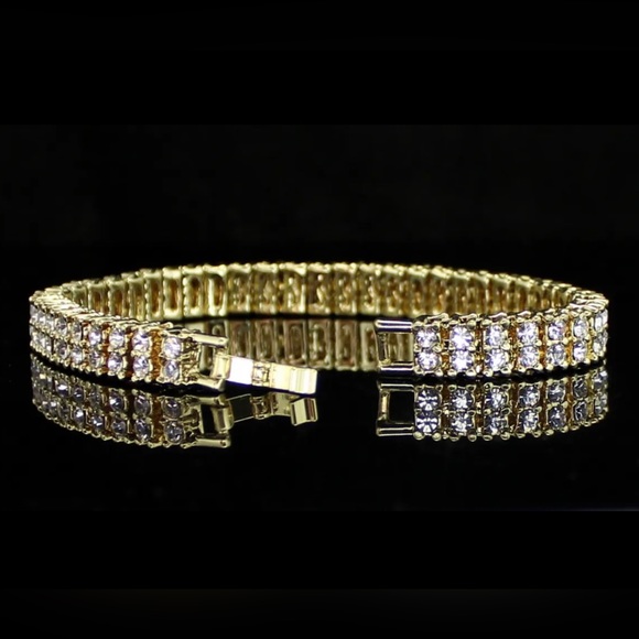Mens Womens 2 Row Cz Tennis Bracelet 14k GOLD Plated 8 inch